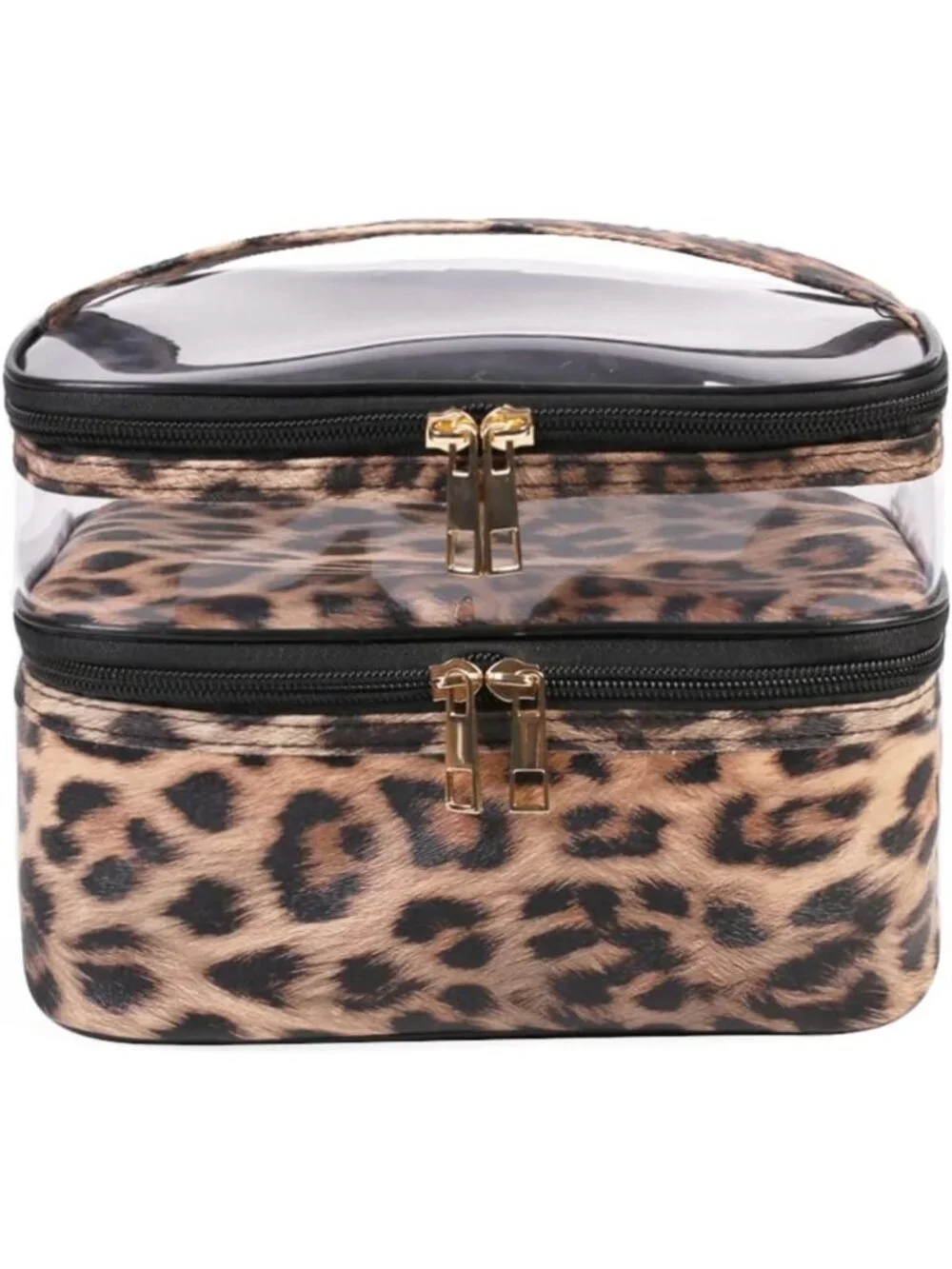 Leopard Print Double Layer Makeup Bag - Travel Cosmetic Organizer & Toiletry
